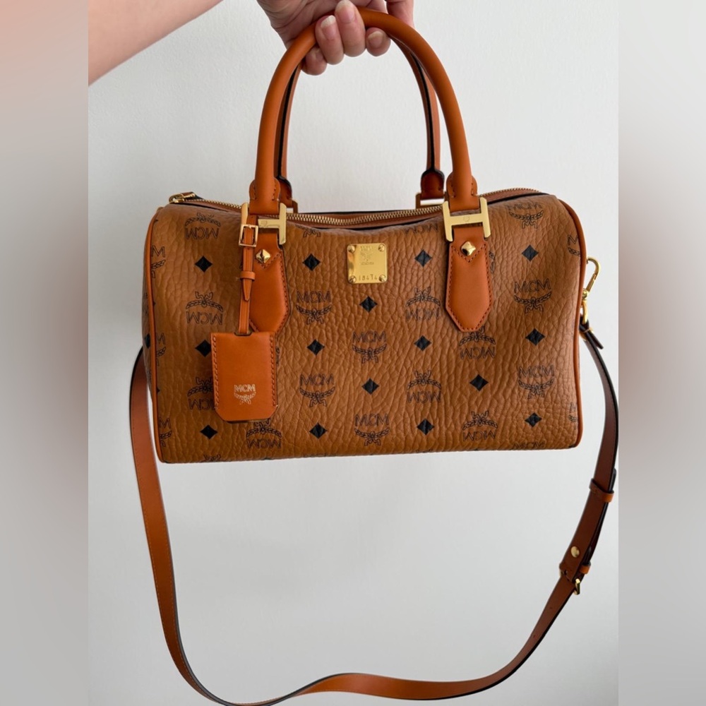MCM Visetos Monogram Boston Bag in Cognac